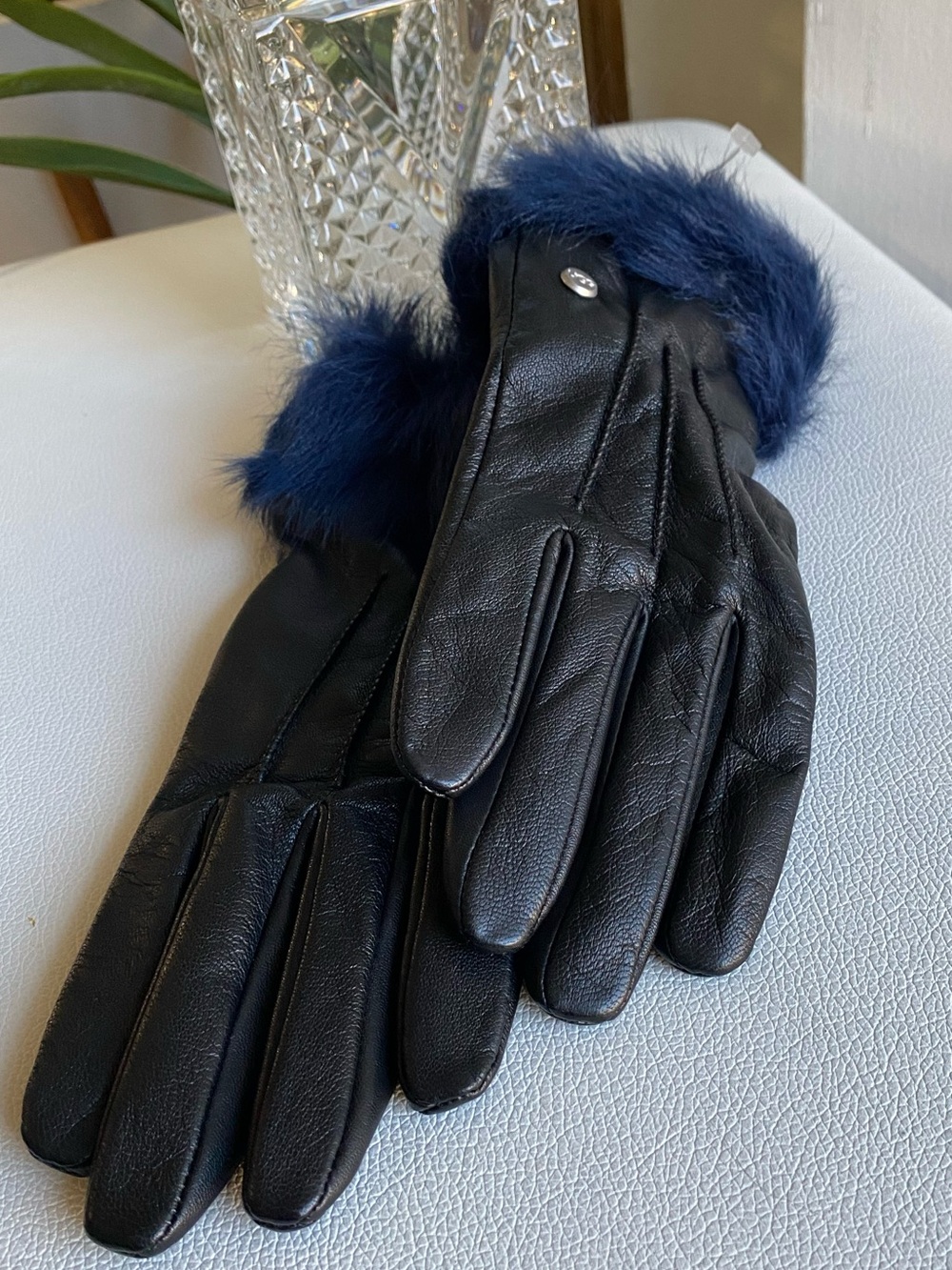 UGG Women’s Black Leather Gloves with Navy Blue Fur Cuff Size L